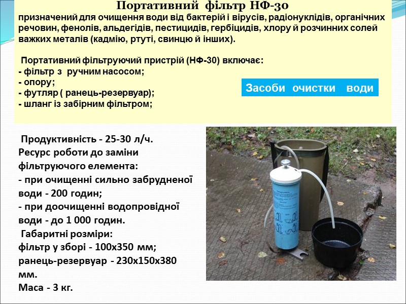 Портативний  фільтр НФ-30  призначений для очищення води від бактерій і вірусів, радіонуклідів,